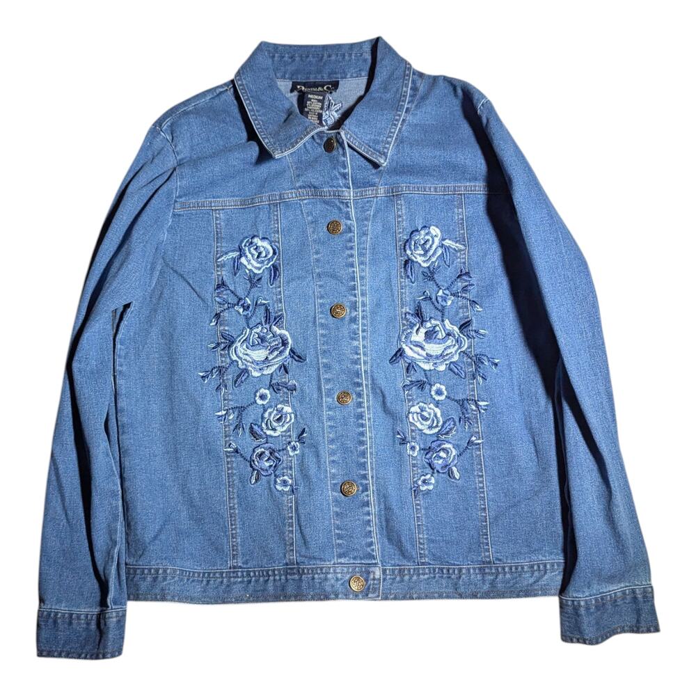 Vtg 1990s Denim & Co Blue Rose Floral Embroidered Stretch Jean Jacket Sz M